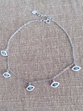 New Sterling Silver Evil Eye Charm  Ankle Bracelet.,   CZ & Blue Accents, 9"+1"